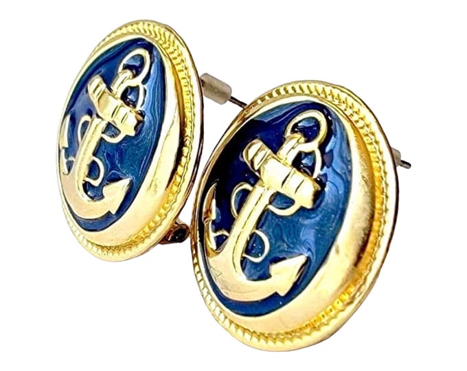 Retro EARRINGS Bright Navy Nautical Cruising Yachting, Anchor Raised Image, Round Gold-Tone Navy Pierced  Earrings, Touch of Memphis Design