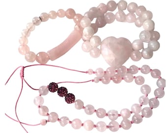 Rose Quartz Beaded Necklace Bracelet Set, Heart Shape Stone, Heavy beads Knotted Necklace, Magenta Crystal Accent Beads, 2 Rose Bracelets