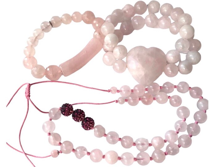 Rose Quartz Beaded Necklace Bracelet Set, Heart Shape Stone, Heavy beads Knotted Necklace, Magenta Crystal Accent Beads, 2 Rose Bracelets