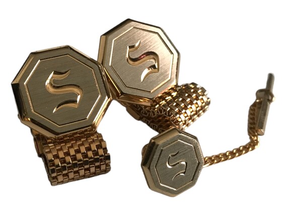 Monogram Cuff Links Tie Pin Set, Vintage Wrap Cha… - image 8