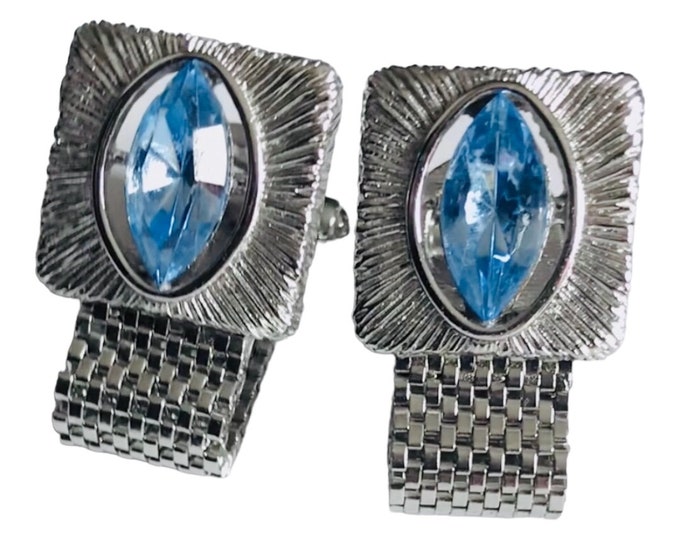 Vintage Cuff Links, Artic Blue Glass Cat Eye Stone, Silver-tone Square Face Wrap Cufflinks, Romantic Groom Gift, Formalwear Cufflinks