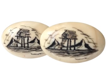 Asian Seascape Stilt House Motif Cuff Links, Vintage CuffLinks, Oval Cabochon Shape Retro Cufflinks, Faux Bone Mountain Sea Vintage Jewelry