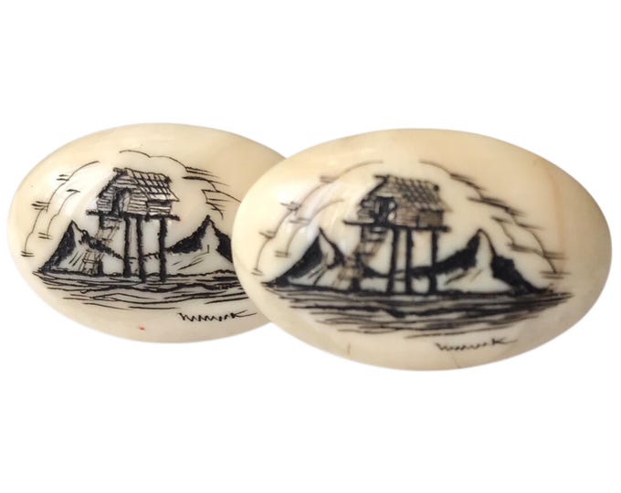 Asian Seascape Stilt House Motif Cuff Links, Vintage CuffLinks, Oval Cabochon Shape Retro Cufflinks, Faux Bone Mountain Sea Vintage Jewelry