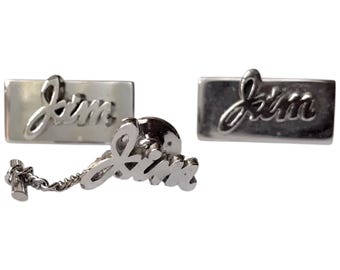 Vintage Cufflinks, Mid Century Cufflinks Name “Jim”, in Cursive Font, Silver-tone Personalized, Classic Groom Gift, Unique Retro Present