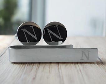 Monogram N Vintage Cufflink Tie Bar Set, Silvertone Engraved Minimalist and Personalized Cuff Links with Tie Bar