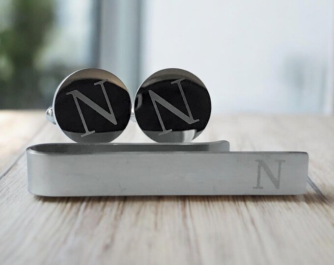 Monogram N Vintage Cufflink Tie Bar Set, Silvertone Engraved Minimalist and Personalized Cuff Links with Tie Bar