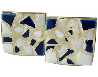 Vintage Square Cuff Links Glass Mosaic, Goldtone Base, Old World Design, Mid Century Fashion Groom Gift of Something Blue, Unique Fashion