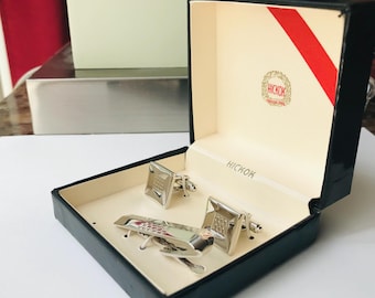 Smart Retro Minimalist Vintage Cuff Link Tie Clip Set, By Hickok, Square Mid Century Silver-tone Cufflink Tie Clip Bar Set Original Box