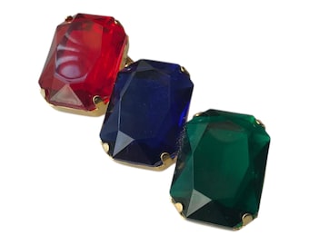 Jewel Colors Vintage Brooch Pin, Goldtone Base Large Red, Blue, Green Rectangle Emerald Cut Stones, Safety Clasp, Scarf Lapel Hat Accessory