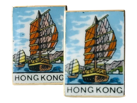 Vintage Hong Kong Souvenir Cuff Links, Retro Enam… - image 1