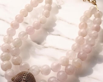 Vintage Necklace: rose quartz beaded double strand necklace features 16mm round rose quartz beads in a barely-pink, almost-white blush tone