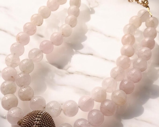 Vintage Necklace: rose quartz beaded double strand necklace features 16mm round rose quartz beads in a barely-pink, almost-white blush tone