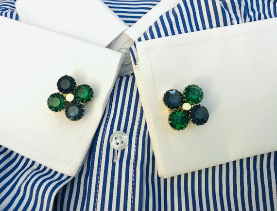 Kelly Green, Navy Blue, Vintage Cufflinks, Mid Ce… - image 9