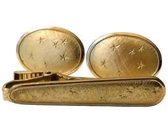 Mid Century Modern Tie Clip Cufflink Set, Oval Gold-tone Florentine Classic Design, Retro Wedding Groom Cuff Link Set, Executive Essentials
