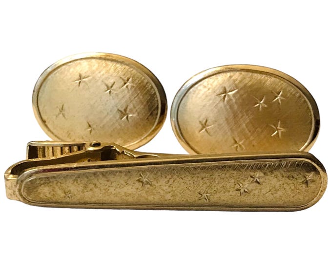 Mid Century Modern Tie Clip Cufflink Set, Oval Gold-tone Florentine Classic Design, Retro Wedding Groom Cuff Link Set, Executive Essentials