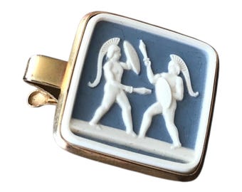 Square Tie Clip Spartan Roman Warrior With Shield Swords Motif, Blue White GoldTone Tie Clip, Raised Design MidCentury, Classical Art Gift