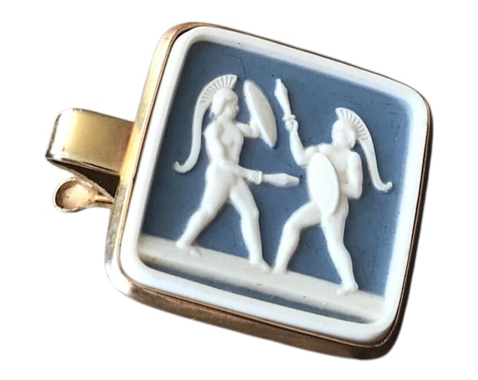 Square Tie Clip Spartan Roman Warrior With Shield Swords Motif, Blue White GoldTone Tie Clip, Raised Design MidCentury, Classical Art Gift