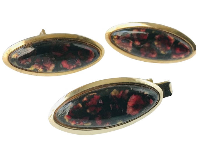 Groovy 1960s Cufflink Tie Clip Set Floral Motif, Sharp Vintage Mens Gift Awesome Find