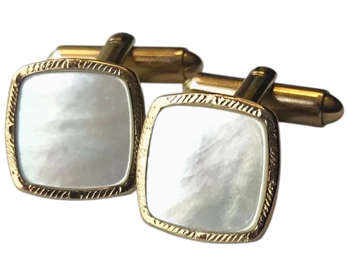Mother of Pearl Gold Tone Vintage Cuff Links, Square Shaped Mid Century Minimalist Design, Understated Sophisticated Cufflinks, Retro Gift