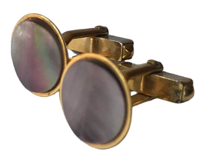 Mother of Pearl Shirt Button Size Vintage Cufflinks, Goldtone, Classic Mid Century Modern, Thoughtful Groom Gift