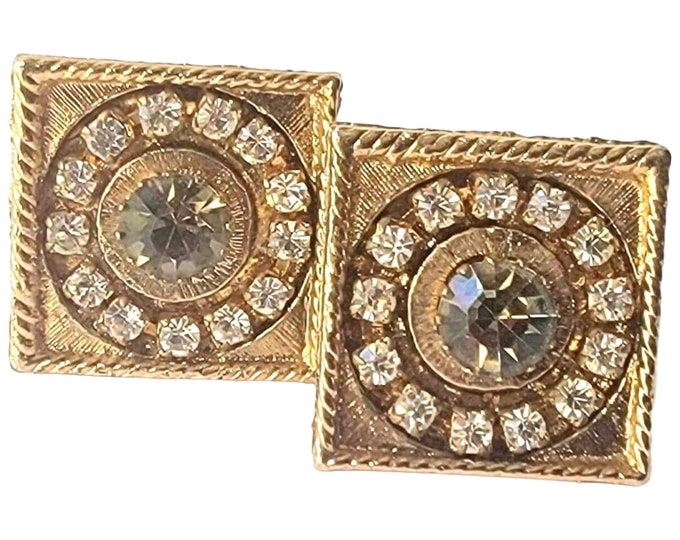 Large Cufflinks, Red Carpet Vintage  Bling, Mid Century Modern Square Cuff Links, Goldtone Clear and Gray Rhinestone,