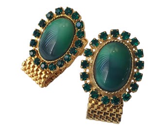 70s Vintage Cuff Links, GoldTone Wrap Chain, Green Gradient Celestial Cabochon Center, Emerald Green Rhinestones, Dapper Prom, Retro Groom