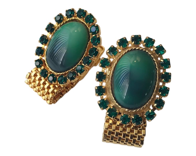 70s Vintage Cuff Links, GoldTone Wrap Chain, Green Gradient Celestial Cabochon Center, Emerald Green Rhinestones, Dapper Prom, Retro Groom