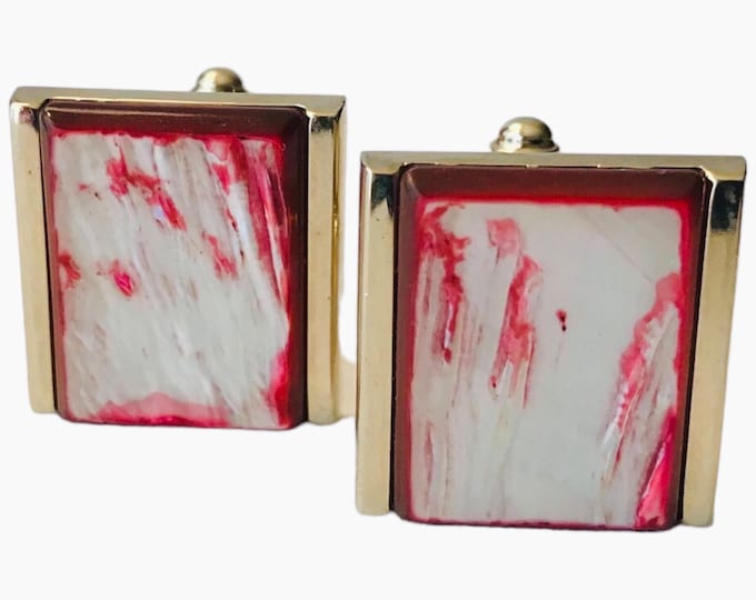 Mid Century Painted Highlights Cuff Links, GoldTone Base, Red White Tuxedo Shirt Accent Rectangular Vintage Cufflinks, Classic Groom