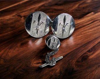 Vintage Silver-tone Cufflinks and Tie Pin Set, Fleur De Lis, New Orleans Saints Emble, French Royalty, Mid Century Modern Tie Pin Cufflinks