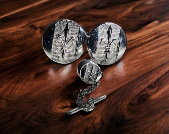 Vintage Silver-tone Cufflinks and Tie Pin Set, Fleur De Lis, New Orleans Saints Emble, French Royalty, Mid Century Modern Tie Pin Cufflinks
