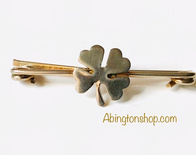 Good Luck Shamrock Four Leaf Clover Vintage Collar Bar Goldtone