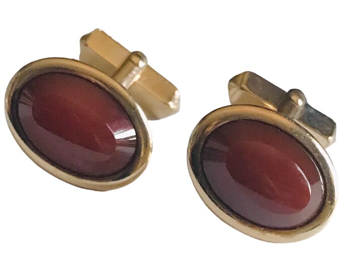 Vintage Gold-tone Cufflinks, Small Swank Mid Century Gold Filled Cuff Links, Dark Rust Colored Oval Cabochon, Classic Gentleman Essential