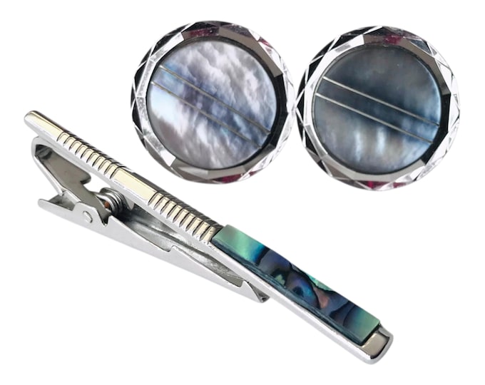 Handsome Mother of Pearl Silver Tone Round Vintage Cufflinks and Tie Clip, Mid Century Modern Design for the Stylish,