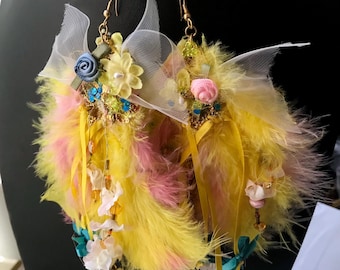 Vintage Whimsical Earrings, Handcrafted Feather Drop Earrings, Unique Gift,