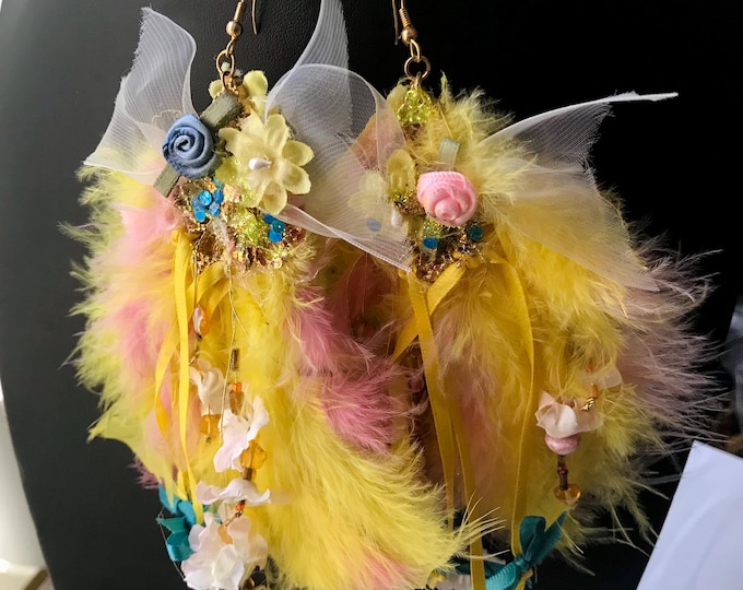 Vintage Whimsical Earrings, Handcrafted Feather Drop Earrings, Unique Gift,