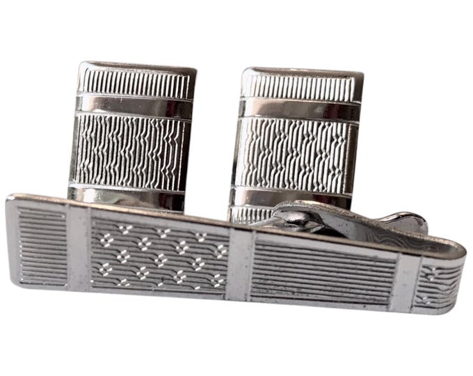 Classic Retro SilverTone Cufflink Tie Clip Set, Minimalist Understated Crisp MidCentury Pattern, Essential Menswear, Groom Gift Formalwear