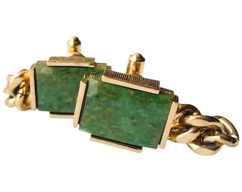 Jade Green and Gold Tone Vintage Wrap Cufflinks, Green Rectangular Cuff Links, Thick Loose Wrap Chain, Debonair Formalwear Retro Cufflinks