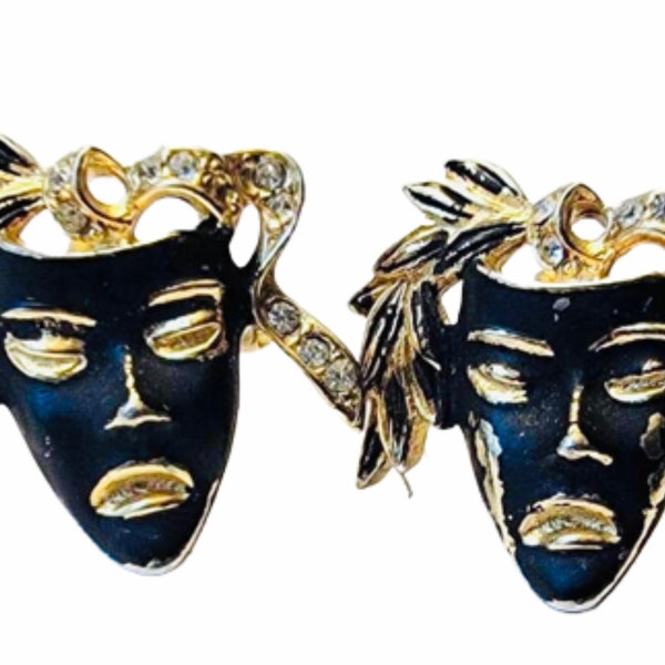 Mid Century Cufflinks, Black Enamel Gold-tone Cuff Links, Mardi Gras, Theater Maske Faces, Tribal Design Unique Retro Gift