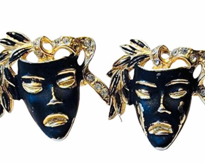 Mid Century Cufflinks, Black Enamel Gold-tone Cuff Links, Mardi Gras, Theater Maske Faces, Tribal Design Unique Retro Gift