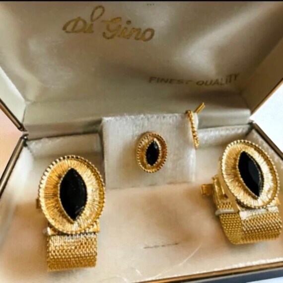 Vintage Goldtone Cufflink Tie Pin Set: Black Glas… - image 10