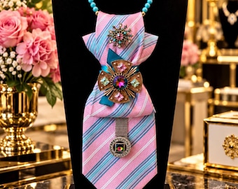 Upcycled Vintage Silk Tie Necklace, Statement Pendant Scarf Tie Turquoise & Pink Stripe, Turquoise Beaded Necklace and Vintage Tie