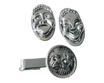 Sterling Silver Comedy TragedyMask Tie Bar Cufflinks Set Mid Century