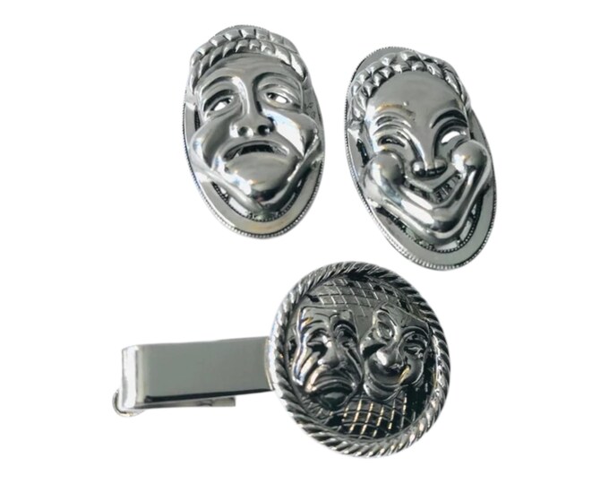 Sterling Silver Comedy TragedyMask Tie Bar Cufflinks Set Mid Century