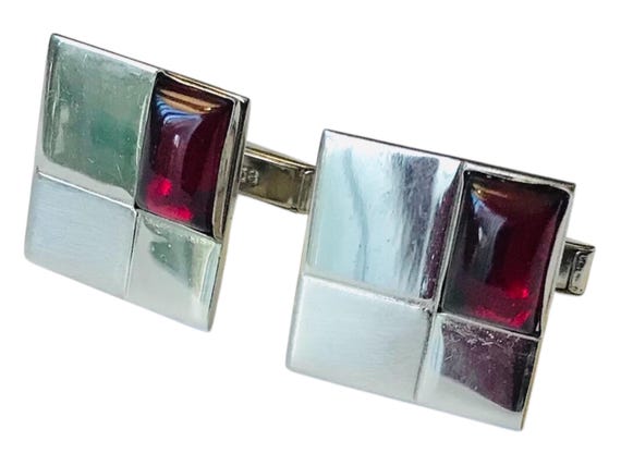 Mid-Century Modern Cufflinks: Silver Tone & Red L… - image 7