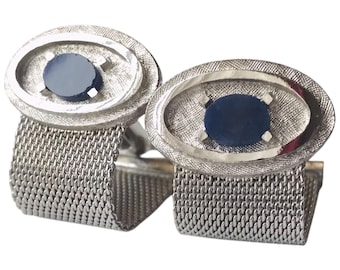 Vintage Cool Cufflinks, Silver-tone Blue Lapis Lazuli Oval Stone Accent, Wrap Chain Feature, Mid Century Dapper Mod Hip Executive Cufflinks