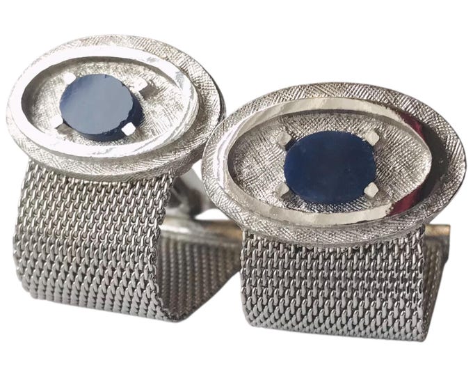 Vintage Cool Cufflinks, Silver-tone Blue Lapis Lazuli Oval Stone Accent, Wrap Chain Feature, Mid Century Dapper Mod Hip Executive Cufflinks