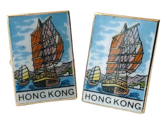 Vintage Hong Kong Souvenir Cuff Links, Retro Enam… - image 2