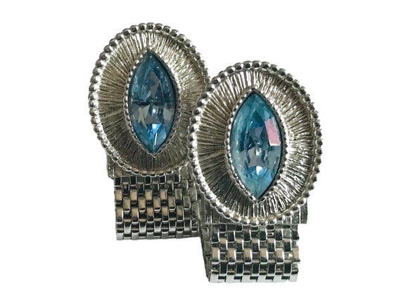 Vintage Cufflinks, Artic Blue Glass Cat Eye Stone… - image 1