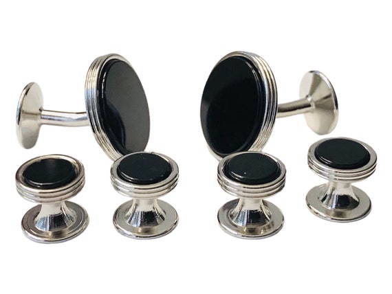 Black Circular Enamel with Rhinestones Silver Edge Studs and Cufflinks Set Black Circular Enamel with Rhinestones Silver Edge Studs and Cufflinks Set