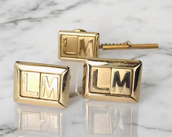 Personalized Vintage Cufflinks and Tie Pin Set, Formal French Cuff Link Accent, Goldtone Embossed Initials LM Rectangular, Retro Fashion